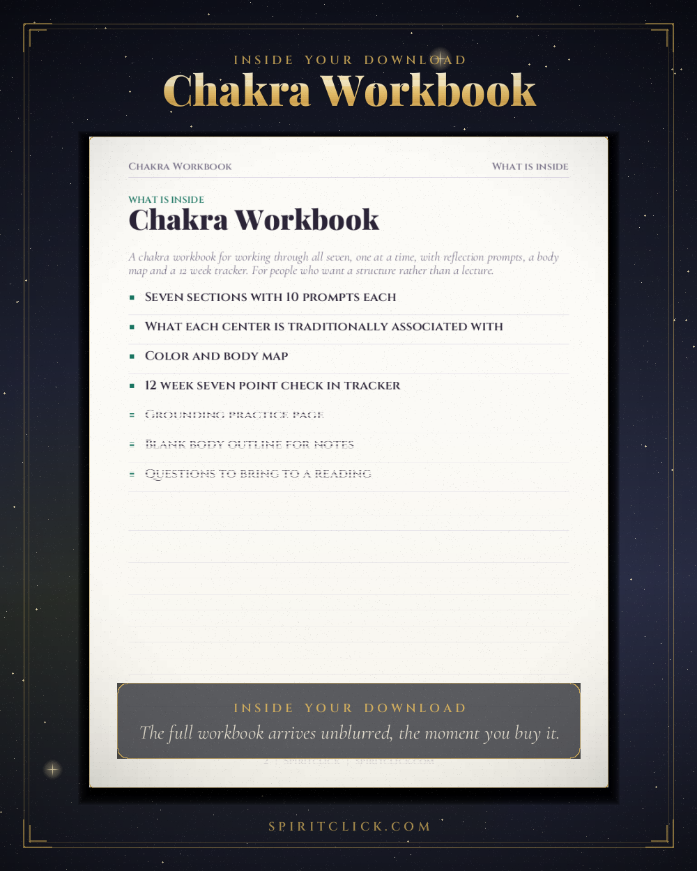 A page from inside Chakra Workbook and Energy Check In Journal, partly obscured