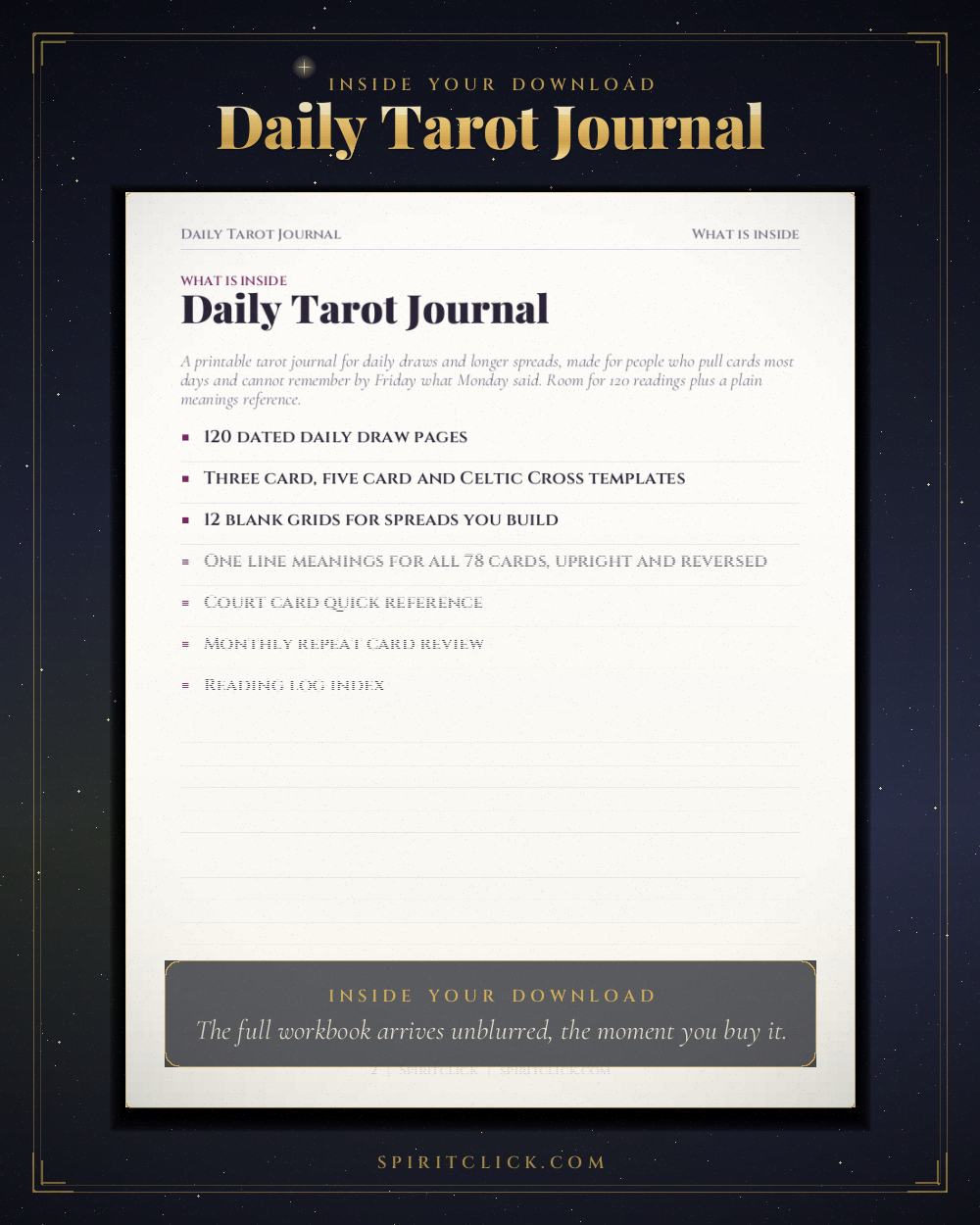 A page from inside Daily Tarot Journal and Card Meanings Workbook, partly obscured