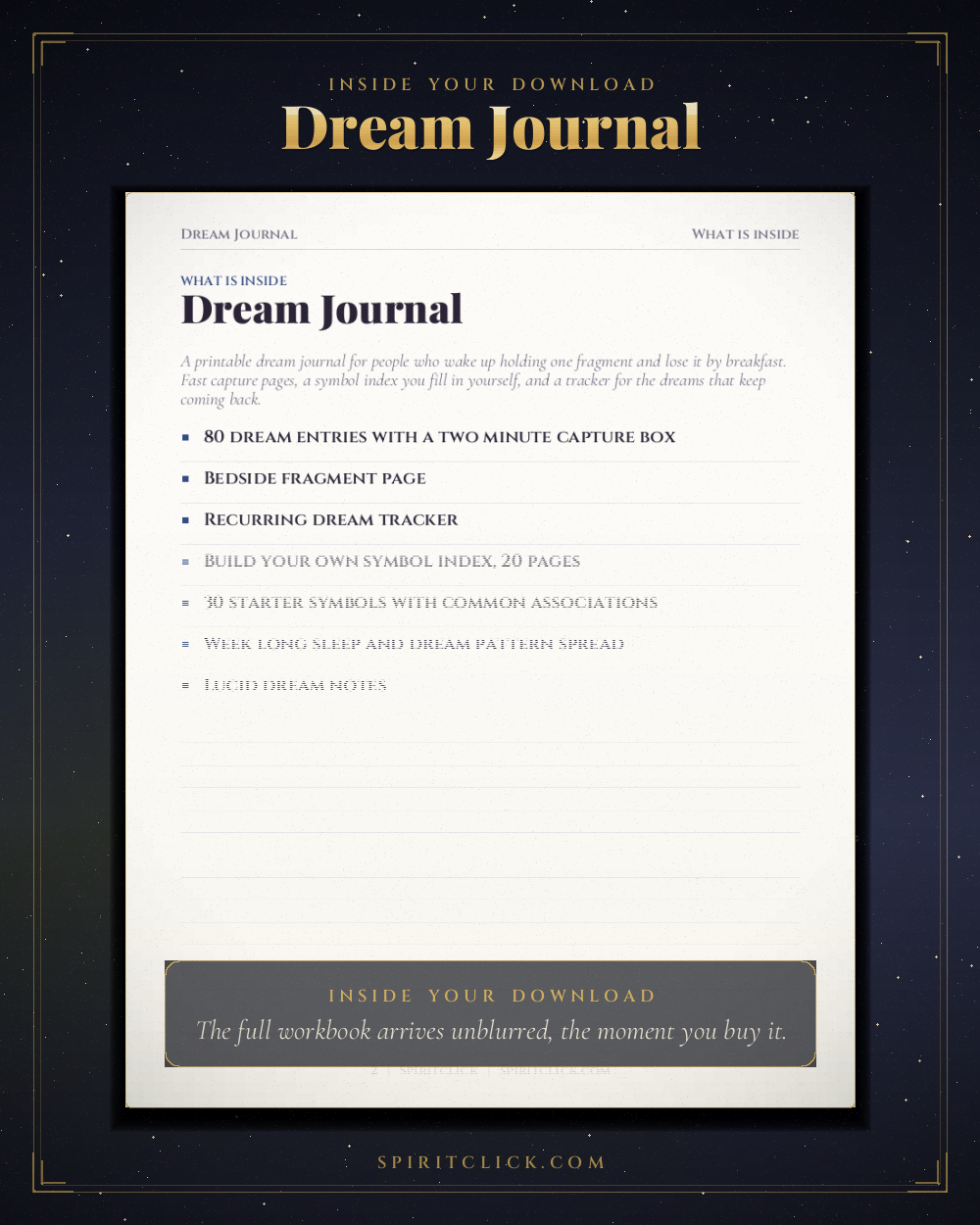 A page from inside Dream Journal with Symbol Guide, partly obscured
