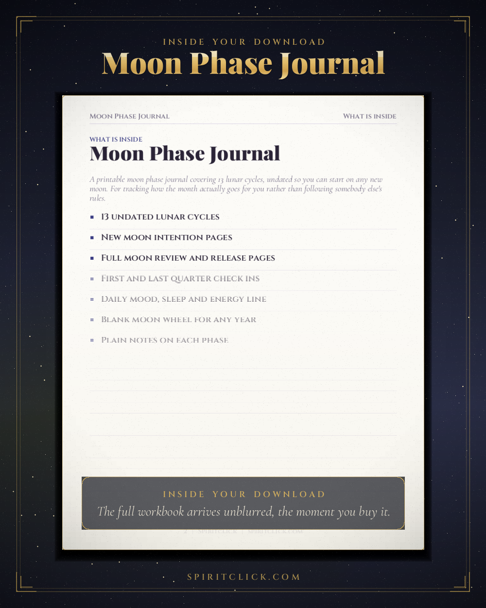 A page from inside Moon Phase Journal and Lunar Planner, partly obscured