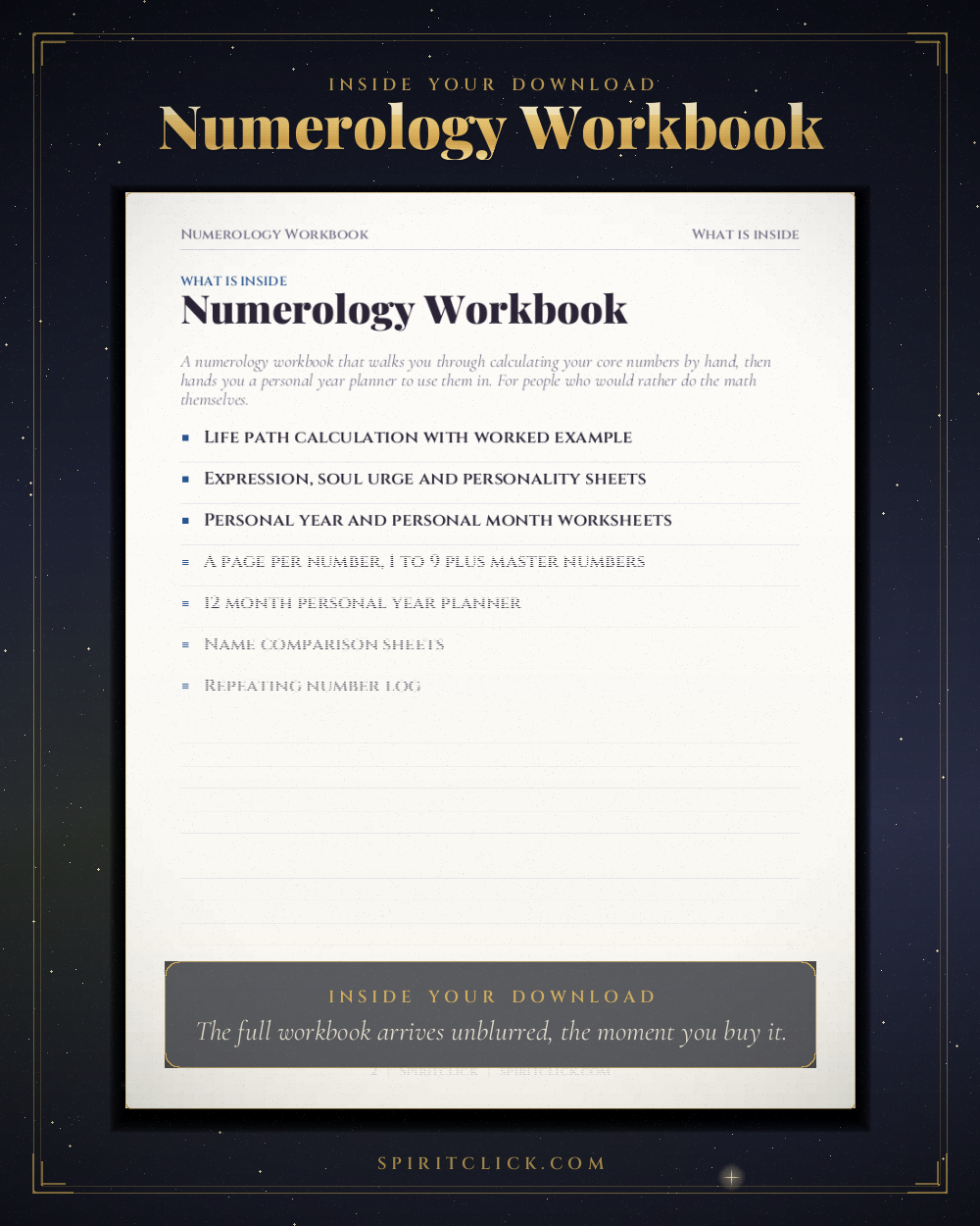 A page from inside Numerology Workbook and Personal Year Planner, partly obscured