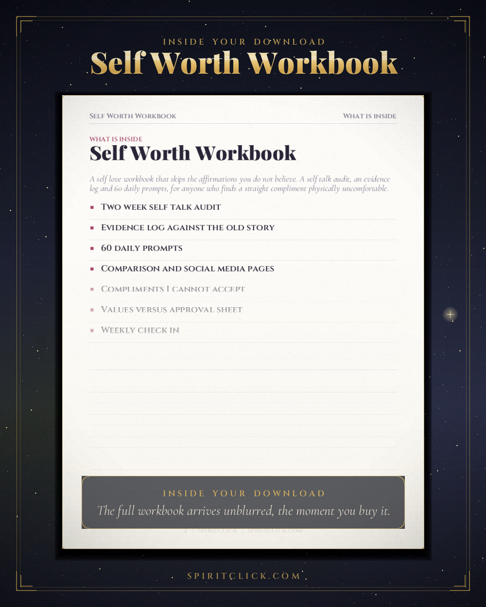 A page from inside Self Worth Workbook and Self Love Journal, partly obscured