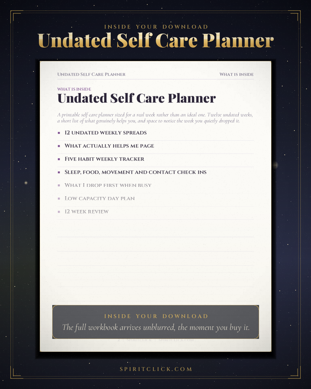 A page from inside Undated Self Care Planner and Habit Tracker, partly obscured