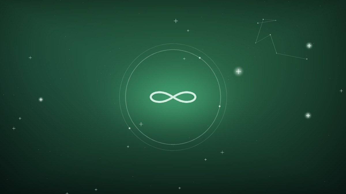 An infinity loop in brushed gold against deep shadow