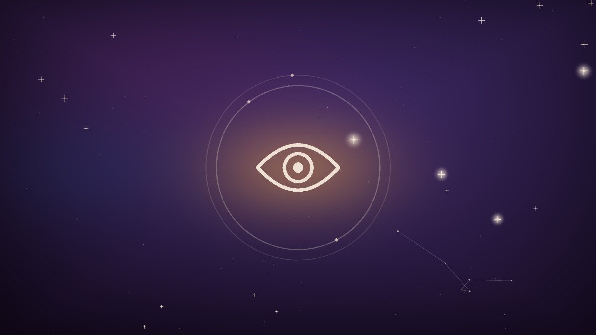 A single eye motif above an open palm rendered in cool blue