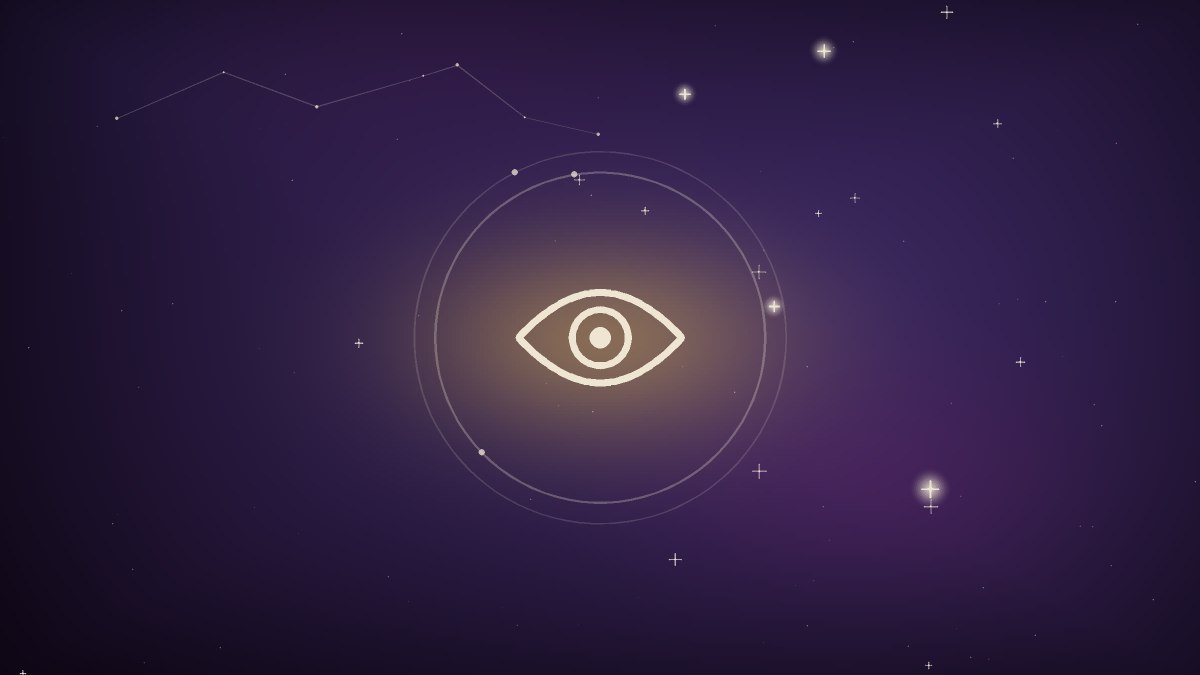 A single open eye against a deep blue starfield