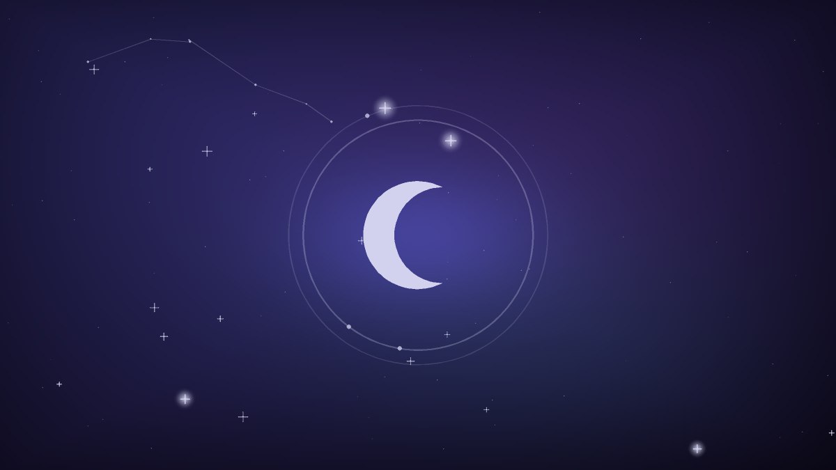 A crescent moon above a quiet altar with a small journal and pen