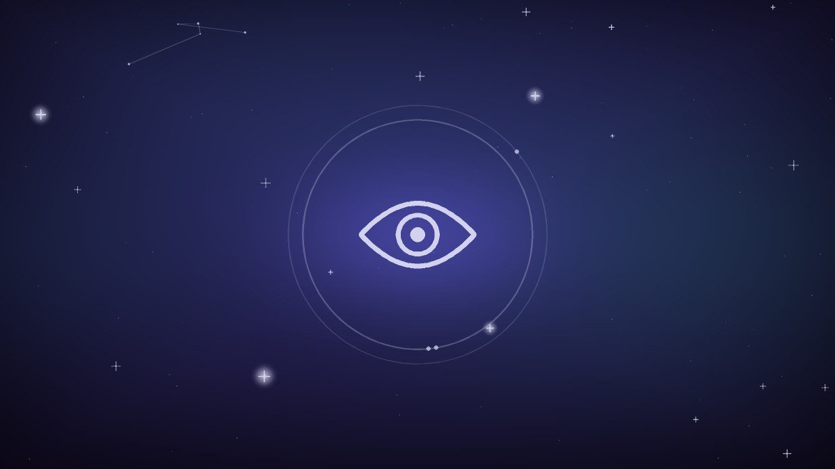 Calm blue eye above a single question mark of light
