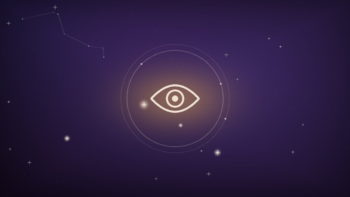 An eye motif in aged gold on a dark, quiet ground