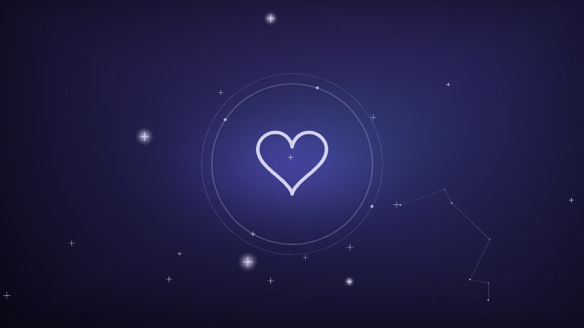 A single heart with a fine thread trailing from it across rose-colored space