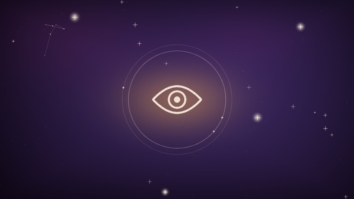 A softly glowing eye above a winding path in violet