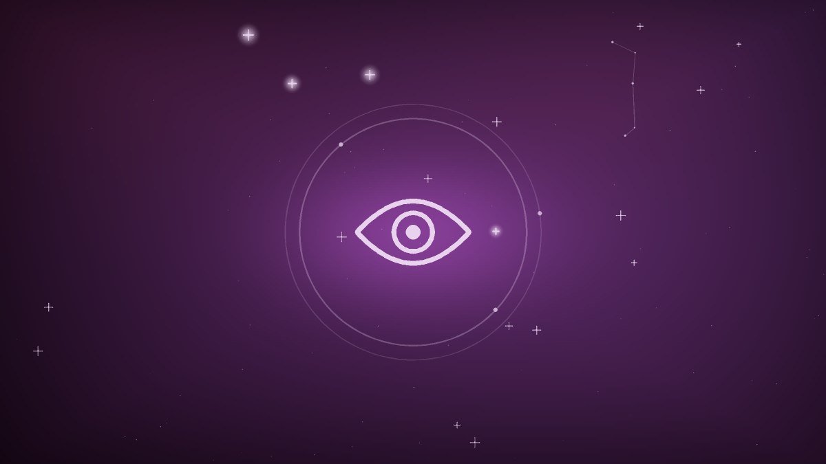 A calm stylized eye set against a soft blue field