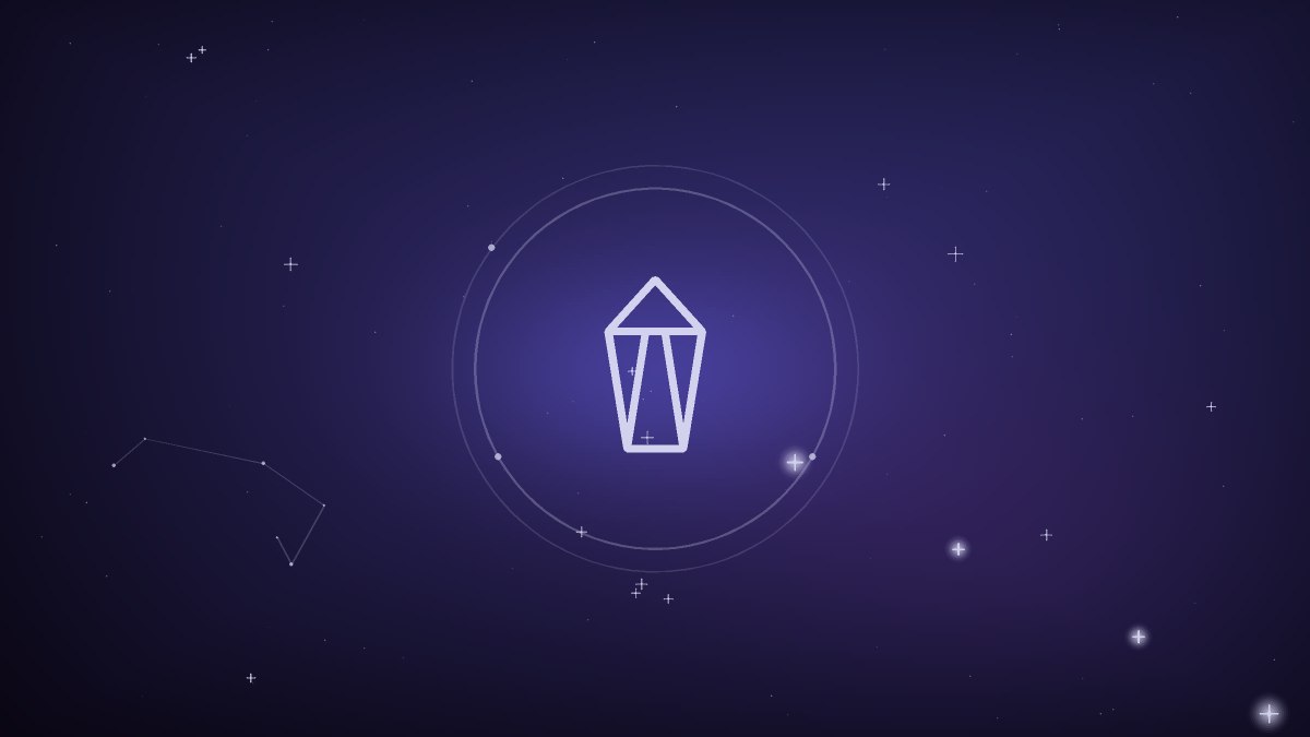 An amethyst point glowing violet at the crest of a soft arc of light