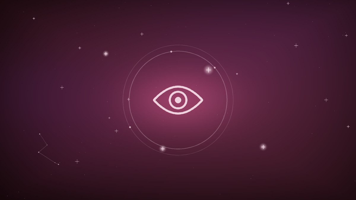A stylized open eye glowing in rose toned light