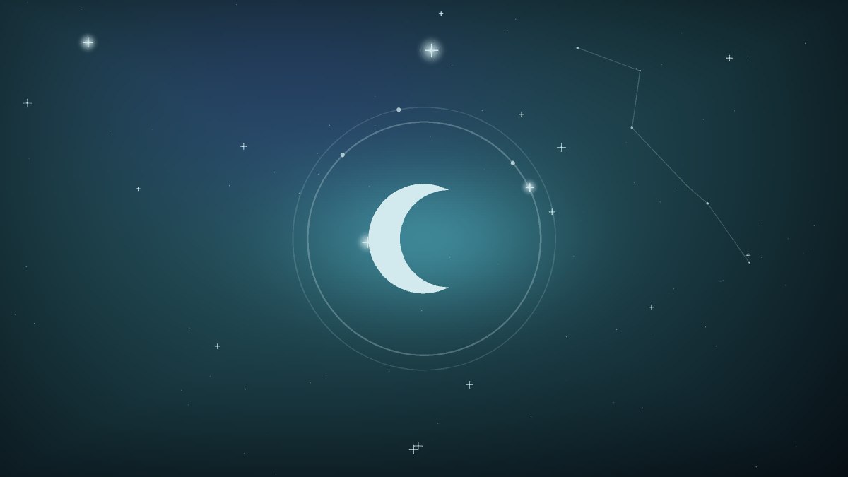 Dark blue crescent moon over a still and starless sea