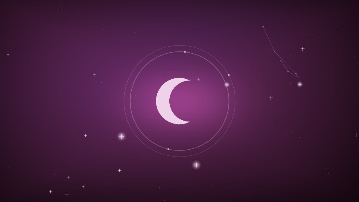 Three dim violet clouds passing across a night sky, each a different shade