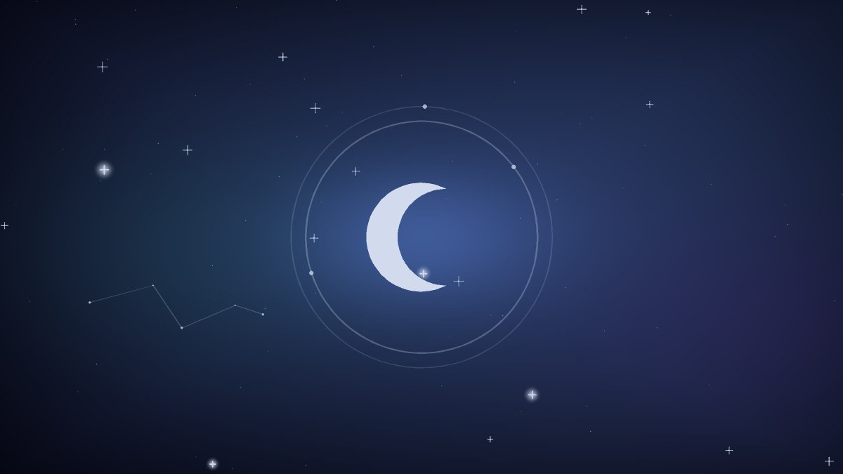 A crescent moon over a road vanishing into fog