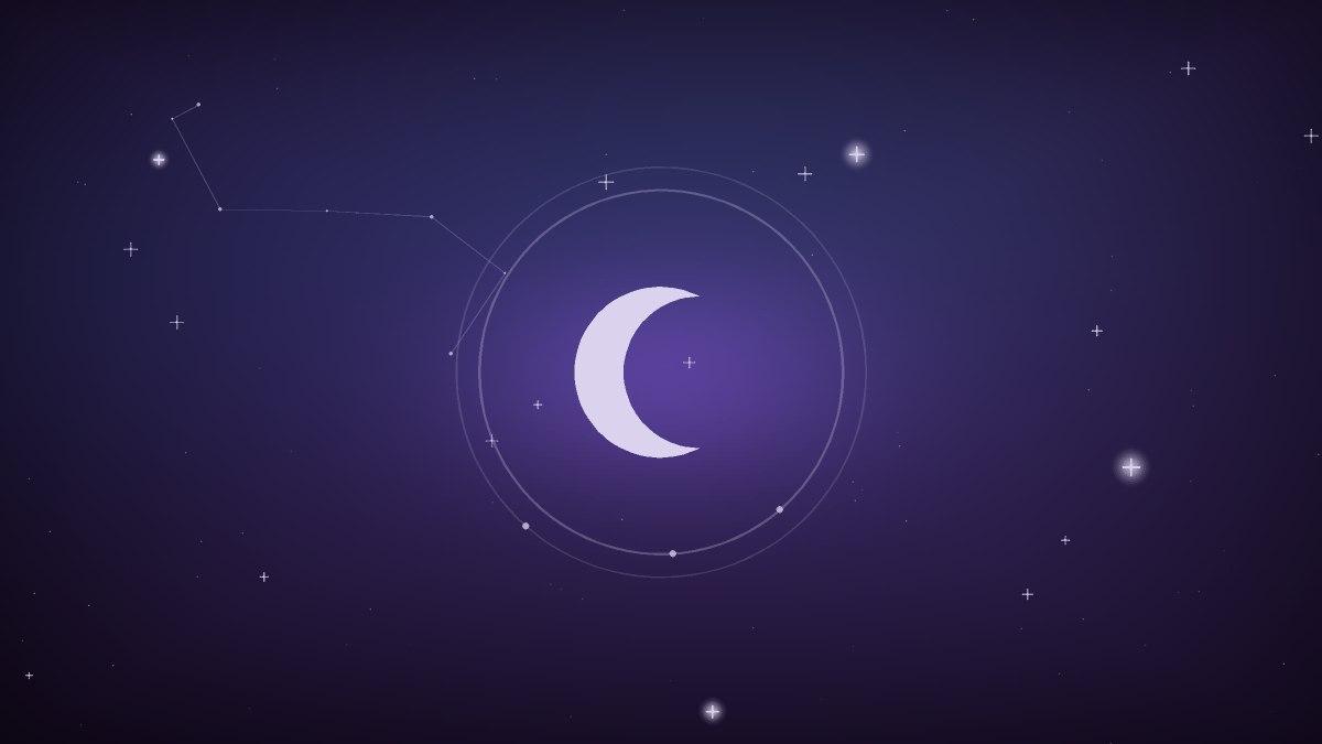 A pale crescent moon above a quiet rooftop