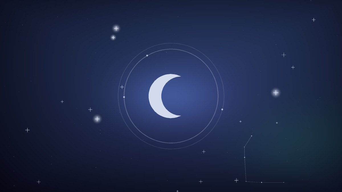 A small figure drifting below soft blue clouds in a night sky