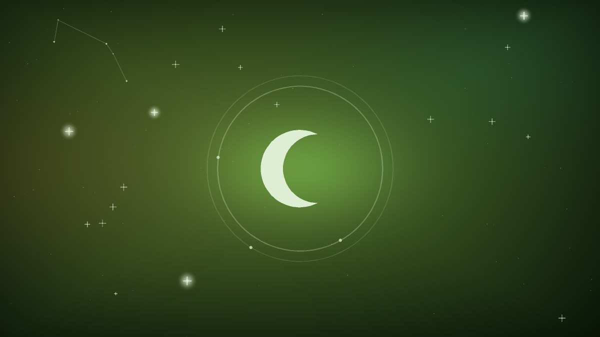 A crescent moon drawn in white line on a dark starfield, at the middle of the article