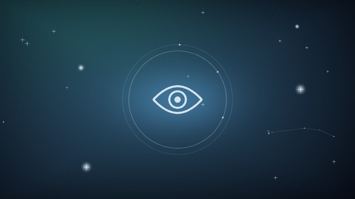 Violet all-seeing eye above an open ledger of records
