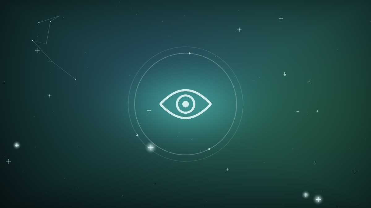 Stylized eye in teal light watching a winding road