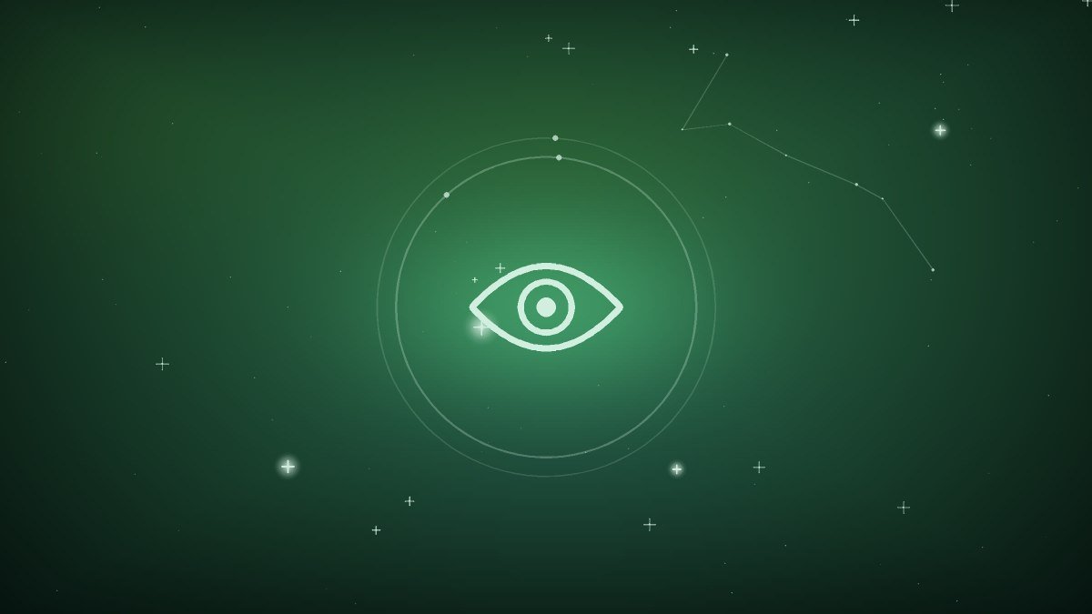 An open eye drawn in white line on a dark starfield, at the middle of the article