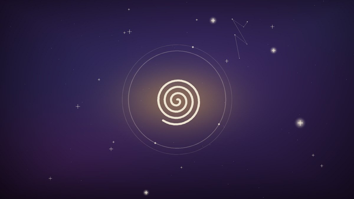 A spiral drawn in white line on a dark starfield, closing the article