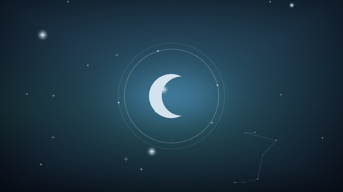 A crescent moon over rooftops as a house settles into night