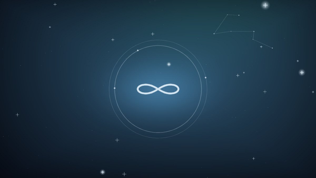 An infinity loop drawn in starlight above a cratered lunar horizon