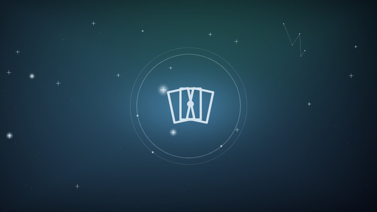A crescent moon above a shuffled tarot deck