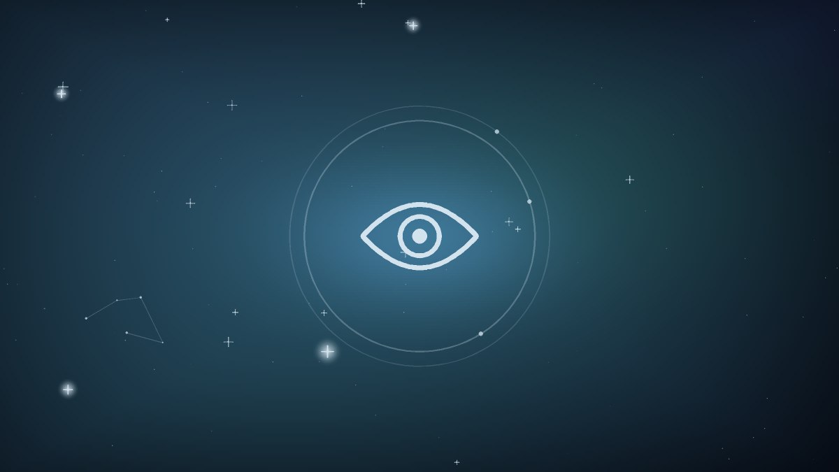 A softly glowing eye above an open journal and pen