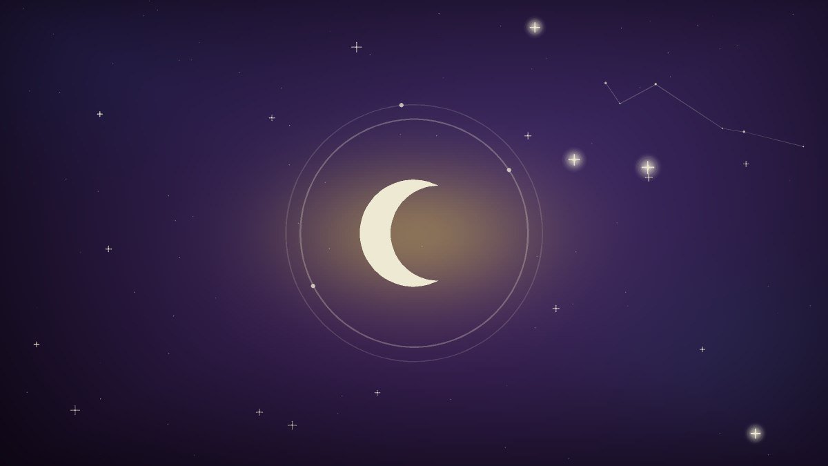 A crescent moon above a dark and quiet sleeping house