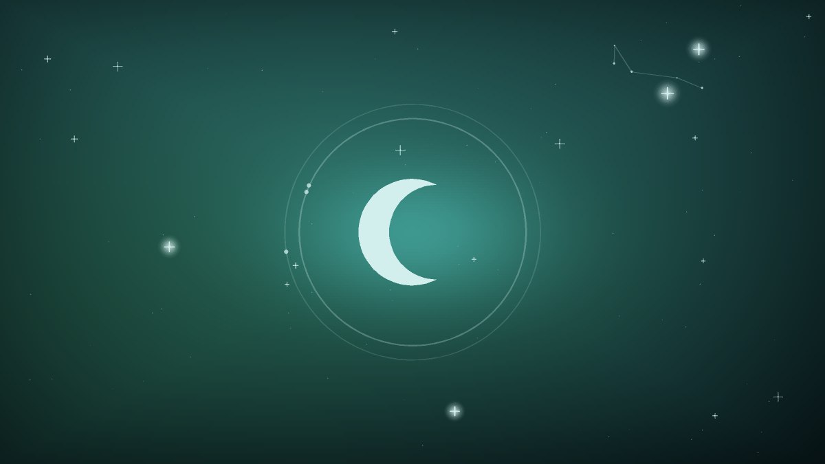 A crescent moon in cool teal light over still water