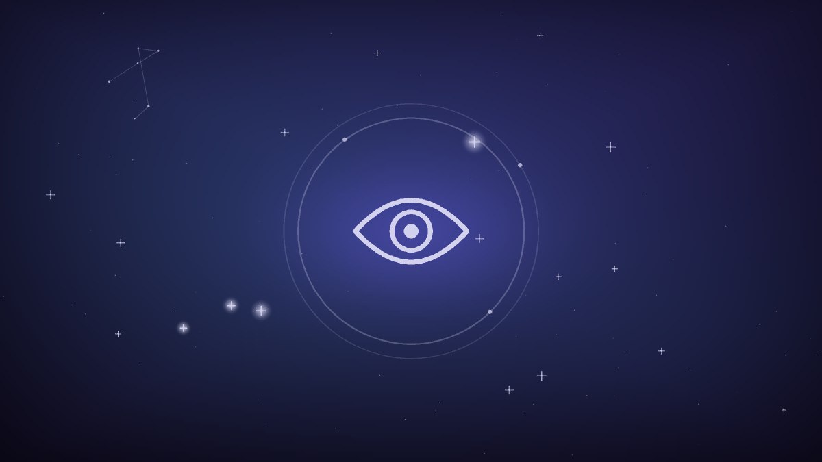 A stylized violet eye watching a chat bubble