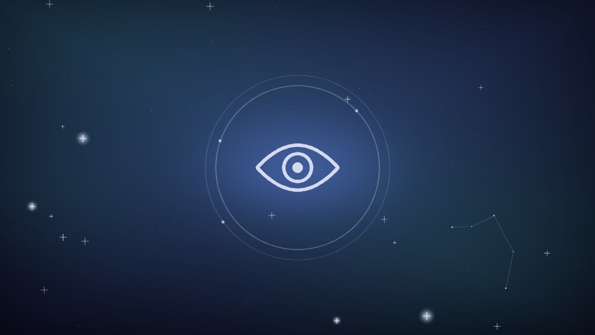 Calm violet eye at the center of radiating lines, symbol of focused attention