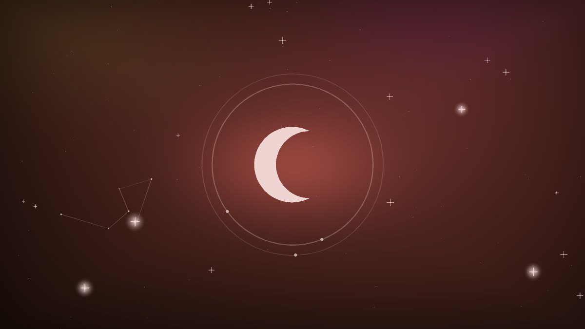 A moon rendered in soft gold light above a quiet rooftop line