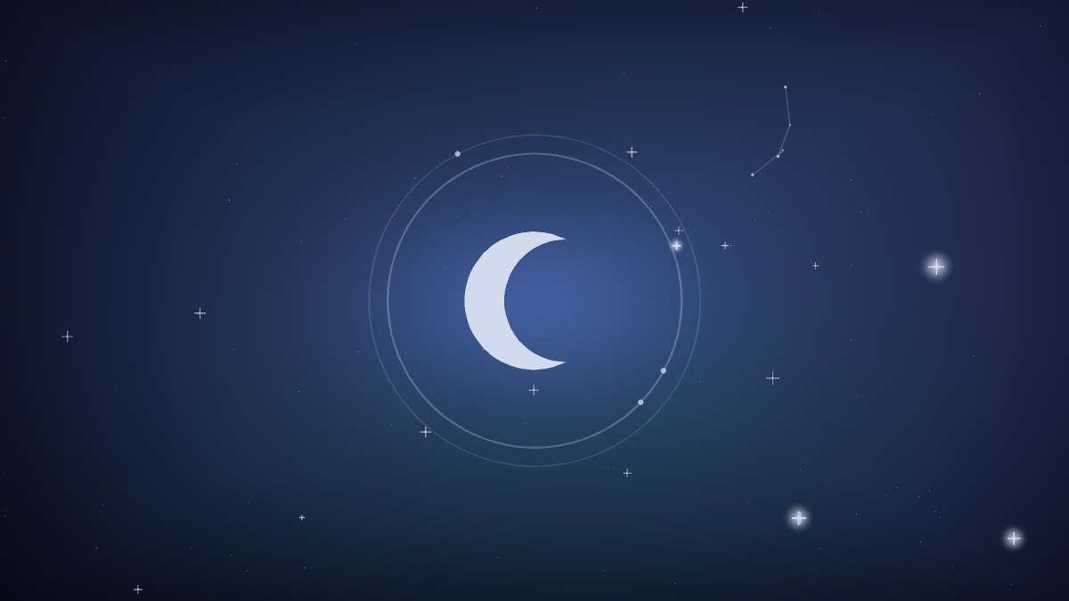 A crescent moon hanging over calm water in cool blue tones