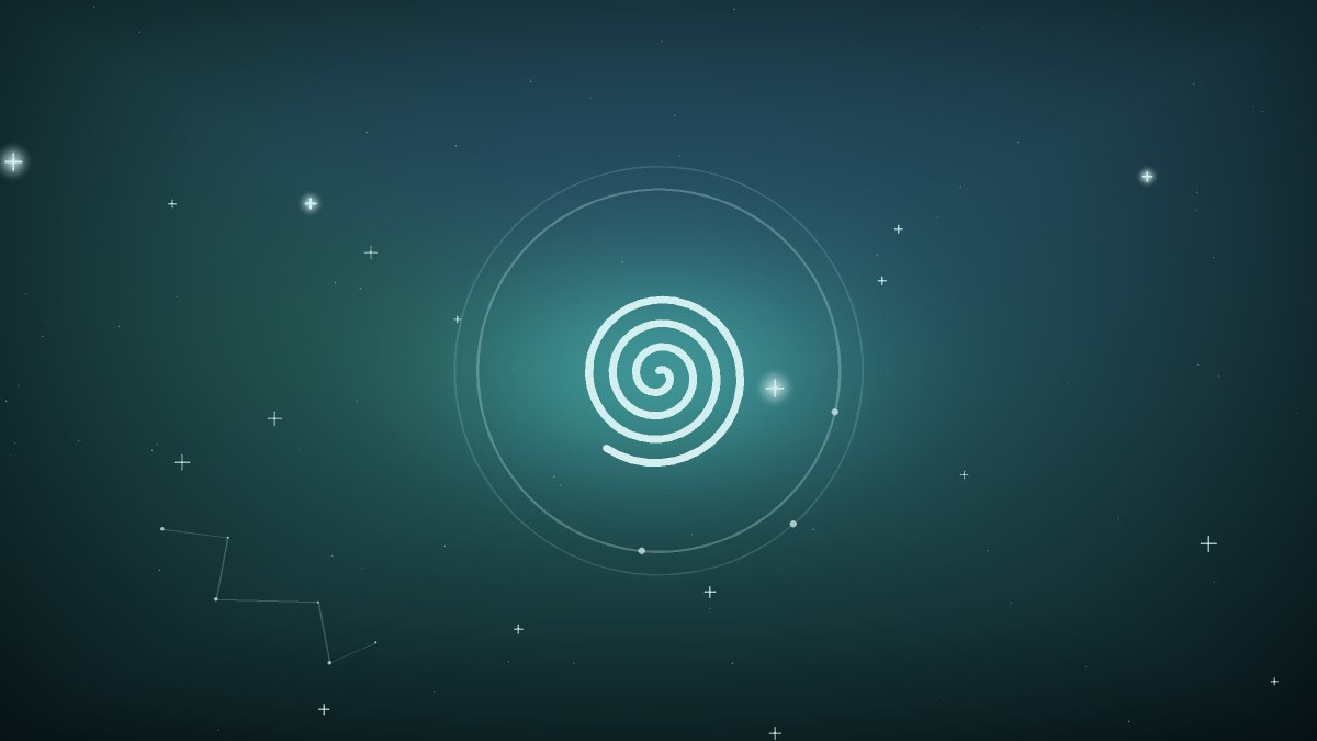 A teal spiral drawn in fine gold lines