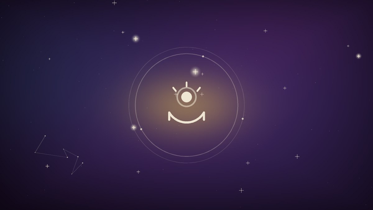 A stylized violet eye above two faint palm lines