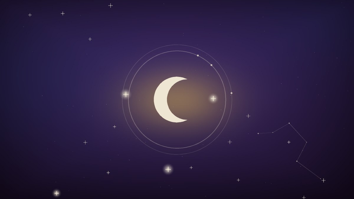 Faint stars above a made bed with a moonstone on the nightstand