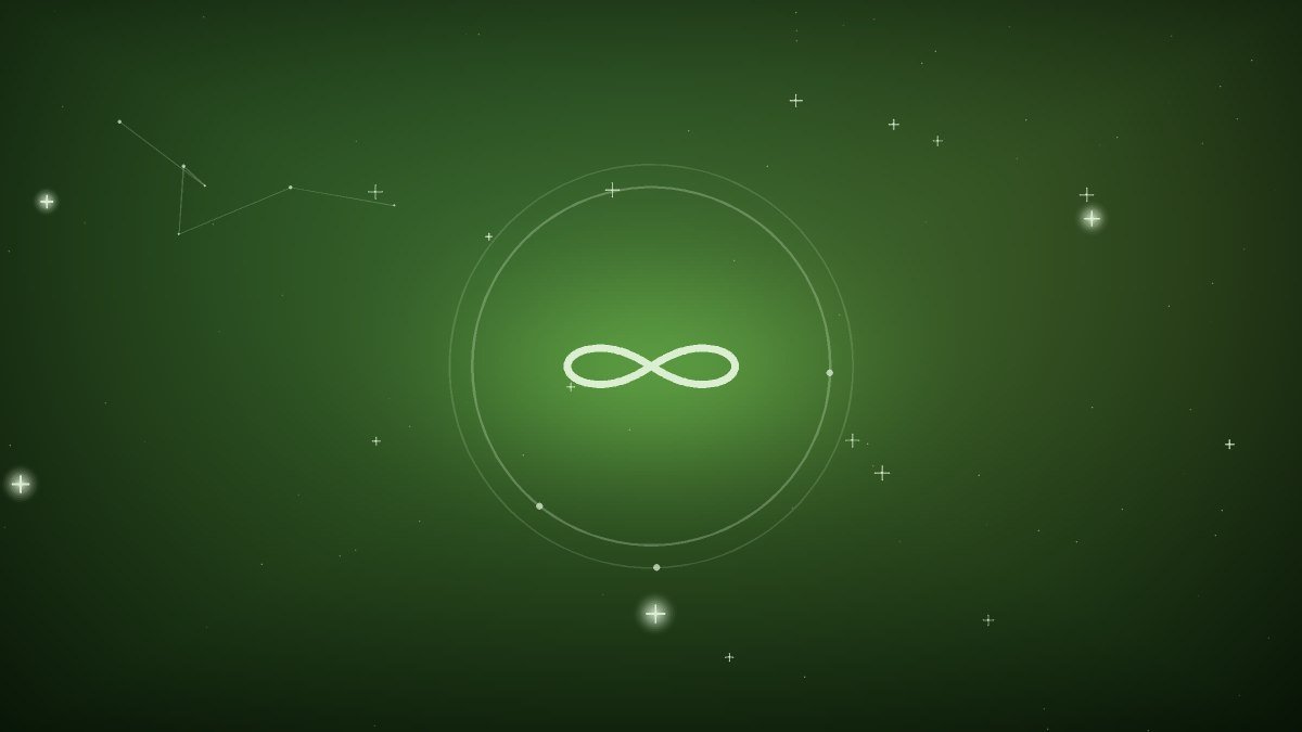 An infinity loop in brushed gold against deep shadow