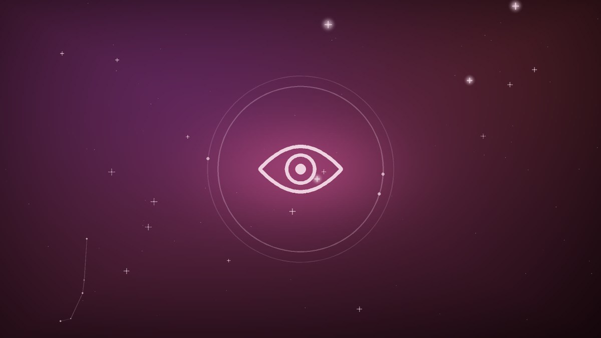A watchful stylized eye radiating soft violet light against a field of faint stars