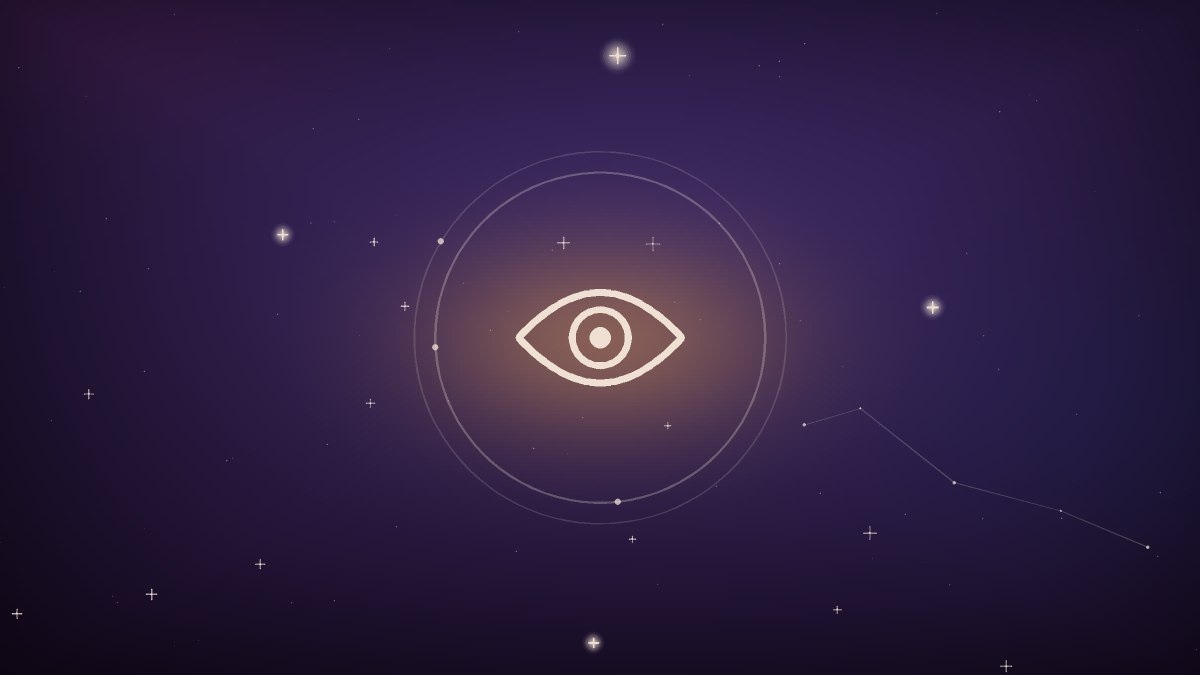 An open eye above a small cluster of question marks