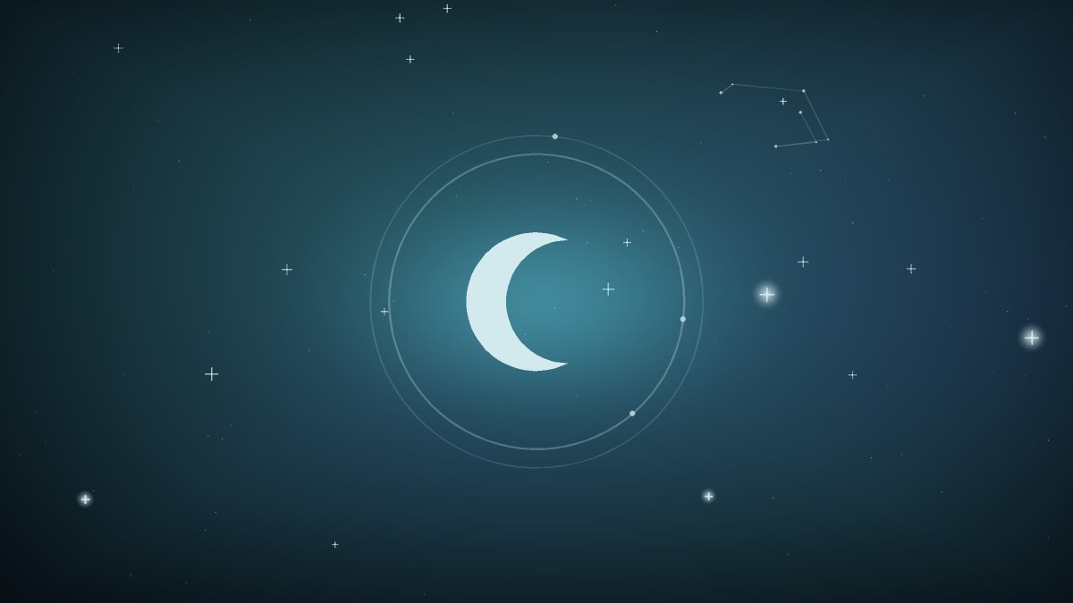A calm violet moon above a sleeping figure wrapped in blankets