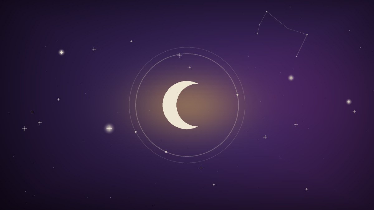 A golden crescent moon in a warm evening sky