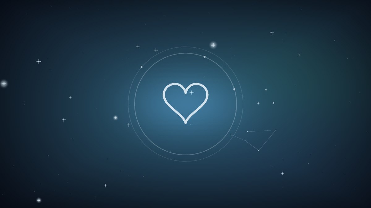 A heart split into two mirrored halves drifting apart under the stars