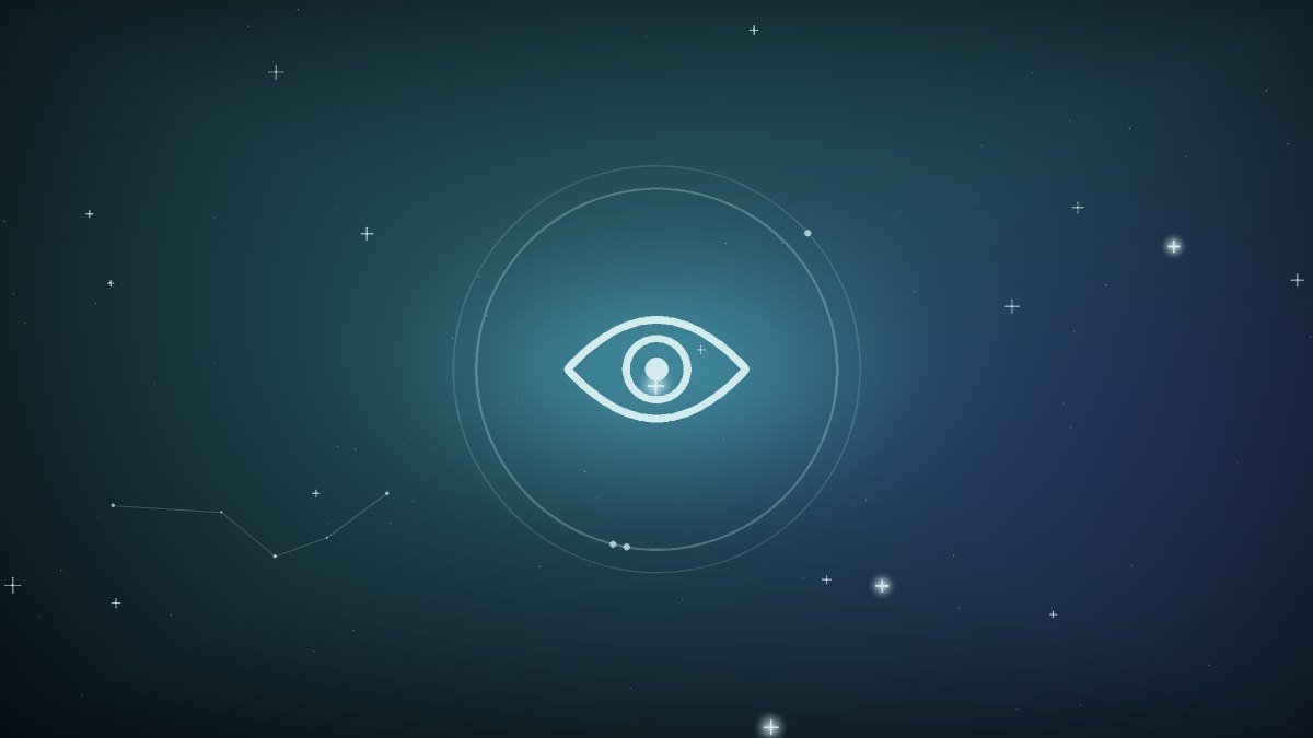 An open eye drawn in white line on a dark starfield, at the middle of the article