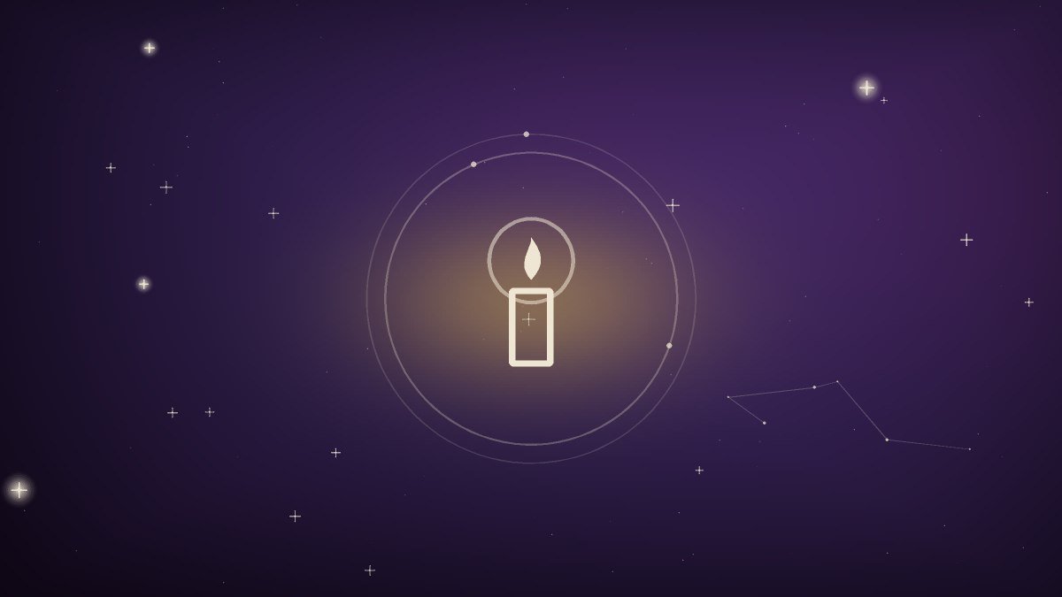 A lit candle drawn in white line on a dark starfield, closing the article