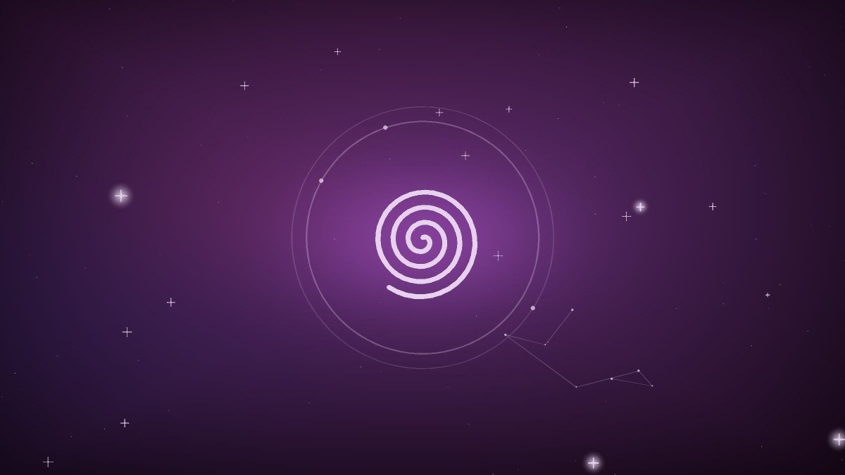 A spiral of small human figures turning around a glowing center